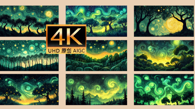 片头 梵高风格的星空森林梦幻星夜下的风光