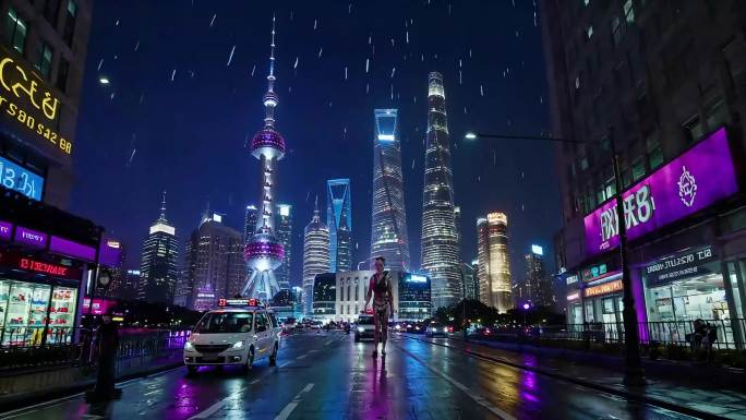 赛博朋克风上海陆家嘴夜景雨中漫步