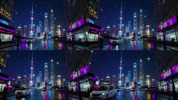 赛博朋克风上海陆家嘴夜景雨中漫步