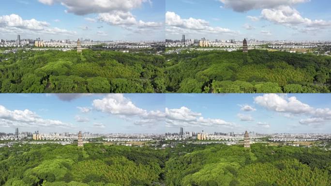 苏州虎丘 城市绿洲与古塔风光 航拍延时