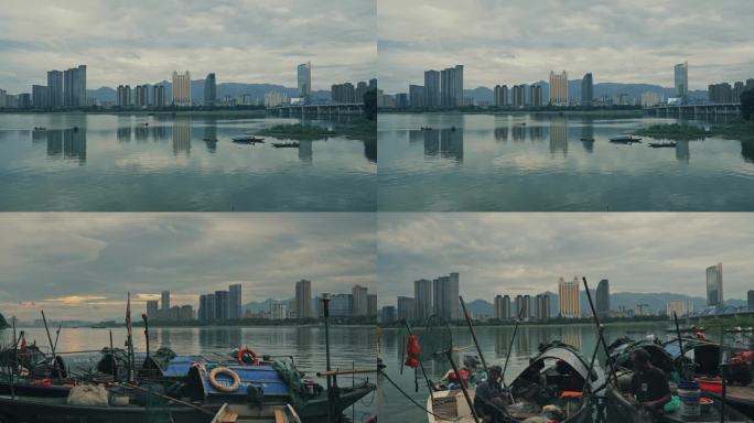 桐庐城市江景渔船风光