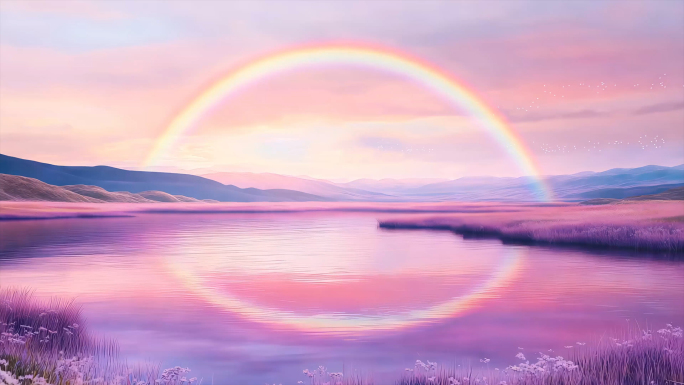 唯美紫色花海湖泊彩虹超现实场景