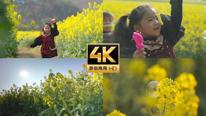 田野油菜花儿童嬉戏 儿童在油菜花里玩耍