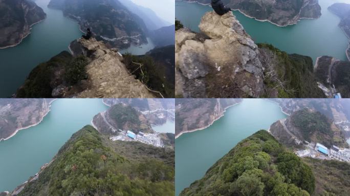 穿越机鹰嘴岩跳崖俯冲长江航拍