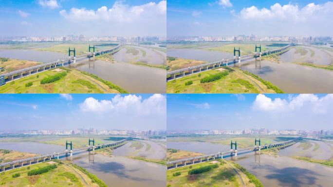 黑龙江哈尔滨阳明滩大桥河流航拍全景_