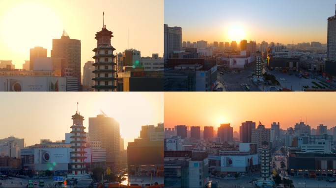 郑州二七塔朝阳日出郑州地标城市建筑群日出