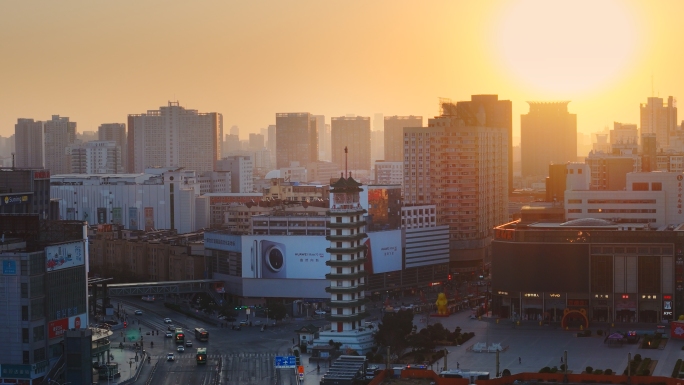 郑州二七塔朝阳日出郑州地标城市建筑群日出