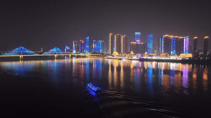 航拍湘江游船游览长沙两岸夜景