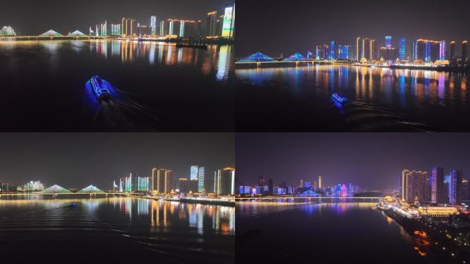 航拍湘江游船游览长沙两岸夜景