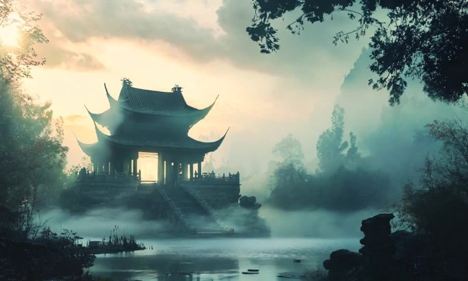 雾中山间古建筑