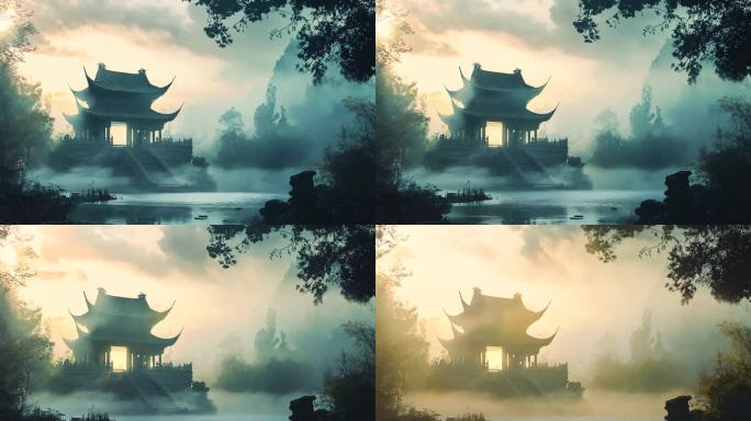 雾中山间古建筑