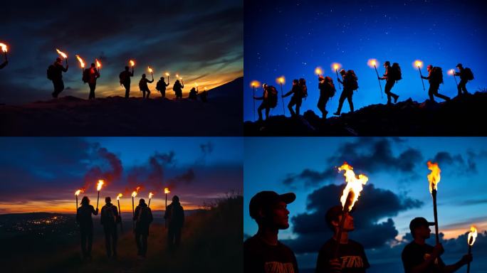 火把火炬火种燃烧点燃传递探索探险夜幕星光