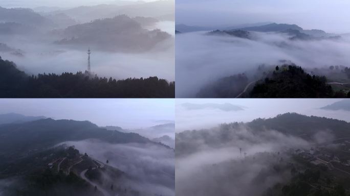 古风中国山水画一般的龙泉山森林迷雾