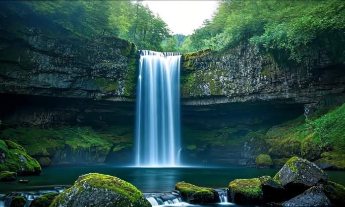 巨石环绕下的壮丽瀑布