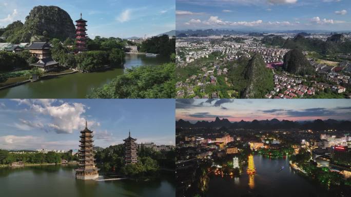 广西桂林漓江喀斯特地貌城市风光航拍合集