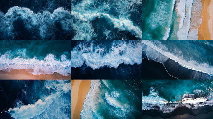 航拍鸟瞰潮汐海浪拍打沙滩成泡沫