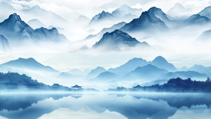蓝色中国风意境  千里江山水墨风景