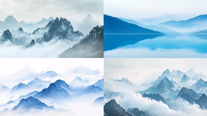 蓝色中国风意境  千里江山水墨风景