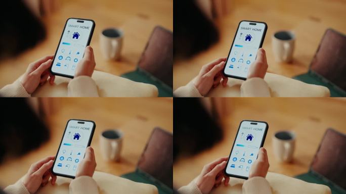 特写镜头：女性使用智能手机应用程序控制照明设备。
