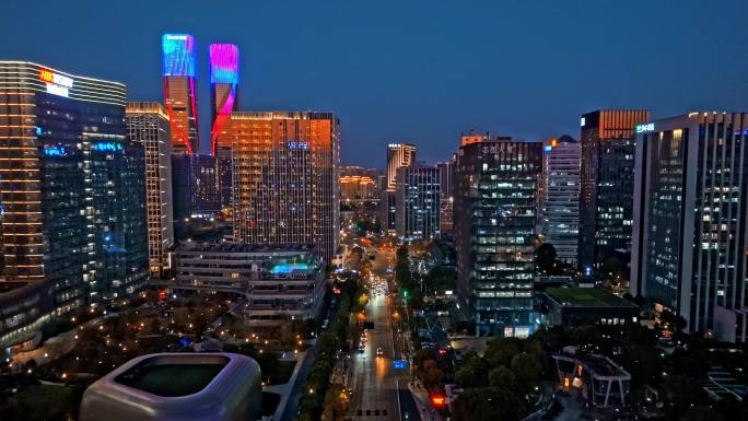 滨江城市日落夜景航拍