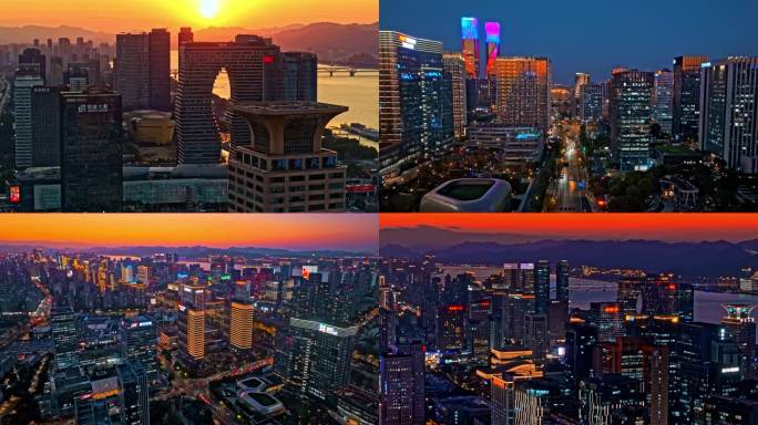 滨江城市日落夜景航拍
