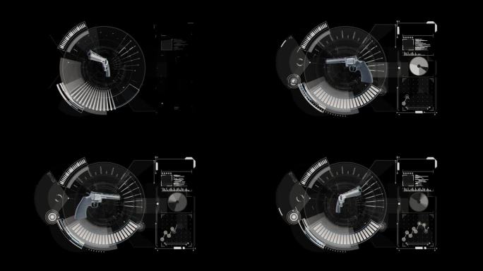 枪械全息结构在HUD界面屏幕上，配有复杂的信息图元素。抽象而未来感的视觉特效。