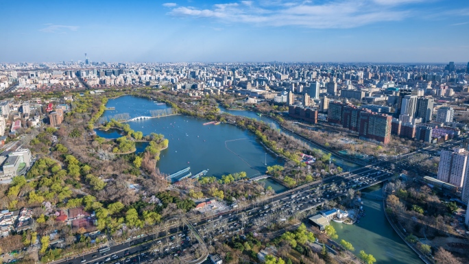 俯瞰北京海淀全景春天玉渊潭公园樱花