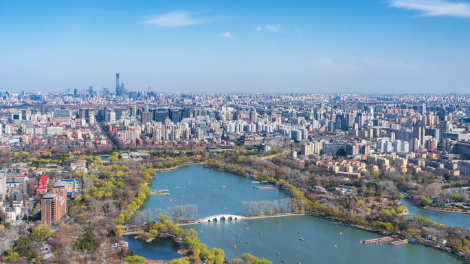俯瞰北京海淀全景春天玉渊潭公园樱花