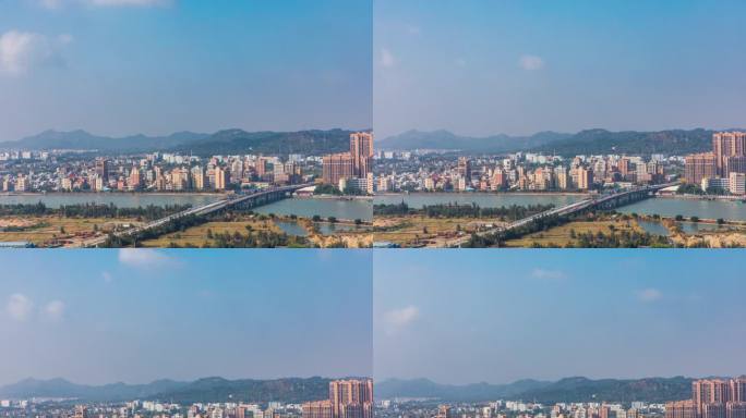 城市景观鸟瞰城市河流桥梁风光蓝天延时