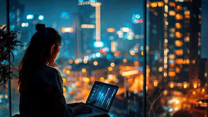 城市夜景中的科技办公 数字时代女性的职场