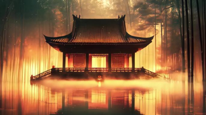东方古建筑竹林意境