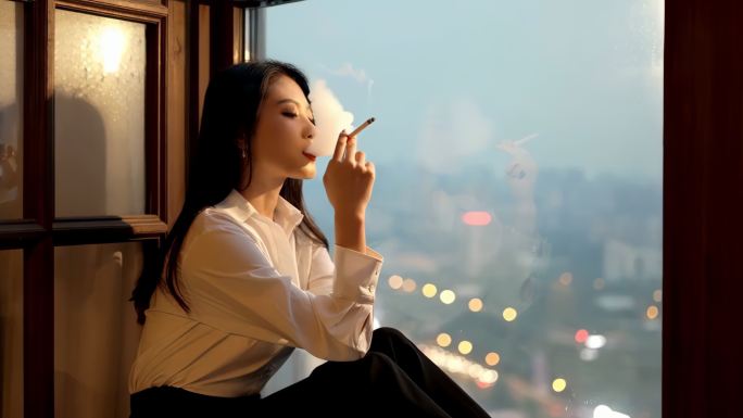 窗边女性吸烟神情忧郁