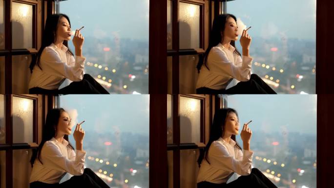 窗边女性吸烟神情忧郁