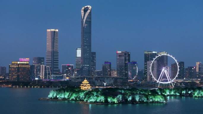 航拍苏州城市夜景蓝调