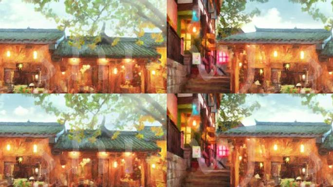 街道油画背景视频