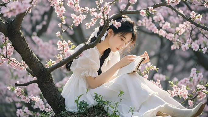 阅读的恬静少女樱花树下看书读书的女孩