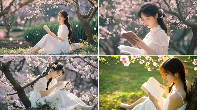 阅读的恬静少女樱花树下看书读书的女孩