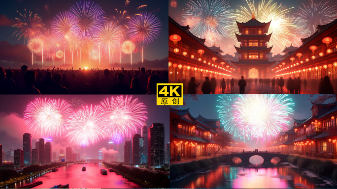 春节灯笼元宵烟花新春快乐人群动画合集