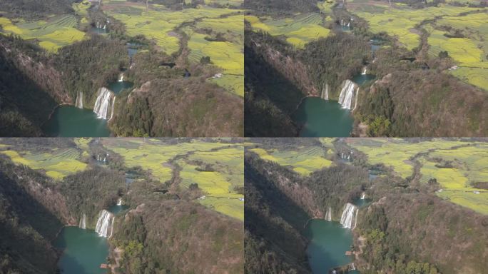 航拍云南罗平九龙瀑布和油菜花