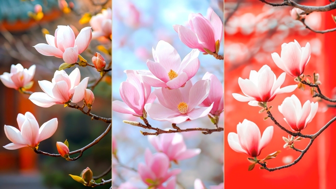 玉兰花花开延时开花立春天花瓣粉色紫色玉兰