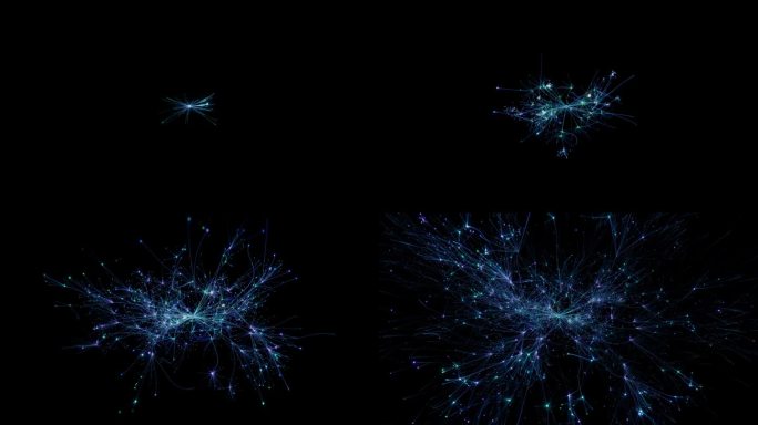3D动画：生长、扩展和分支的平面AI神经网络，展示社交媒体算法或人工智能模型、机器学习、聊天机器人和