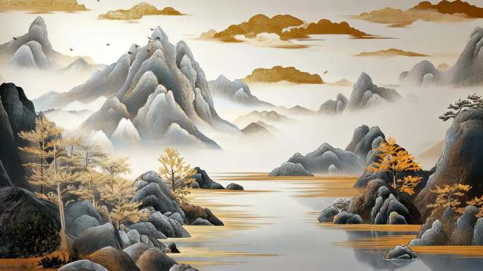 金色山水意境水墨山水风光
