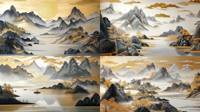 金色山水意境水墨山水风光