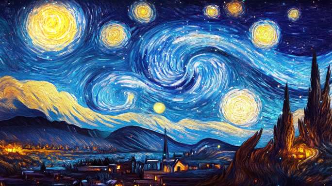 8k宽屏抽象油画风格梵高星空舞台背景