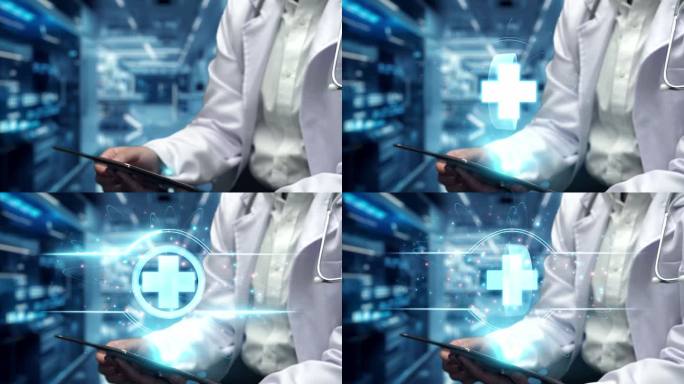 医生特写镜头选择医疗十字全息图并导入平板电脑。补救措施。