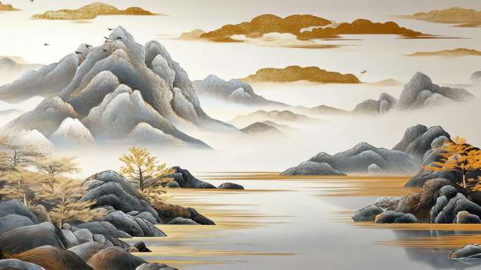 水墨山水金色意境东方山水诗意画卷