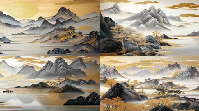 水墨山水金色意境东方山水诗意画卷