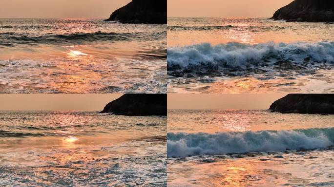 金色夕阳下的海景 海浪拍打海岸礁石
