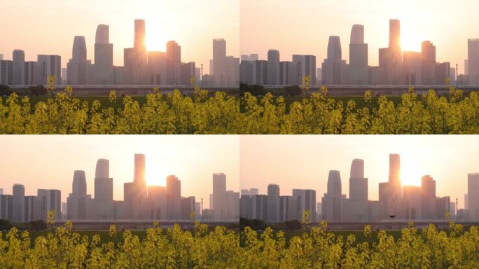 杭州钱江世纪城夕阳下开往春天的列车