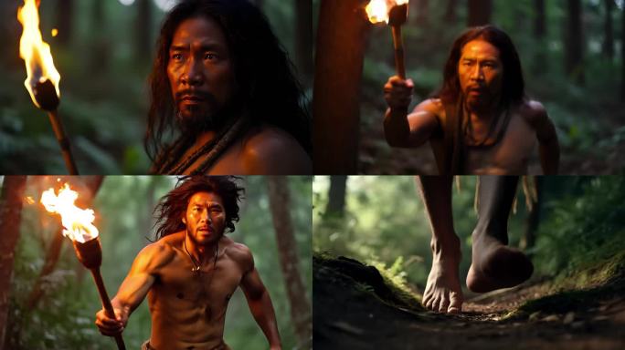 原始人奔跑薪火相传传递火种 中华文明